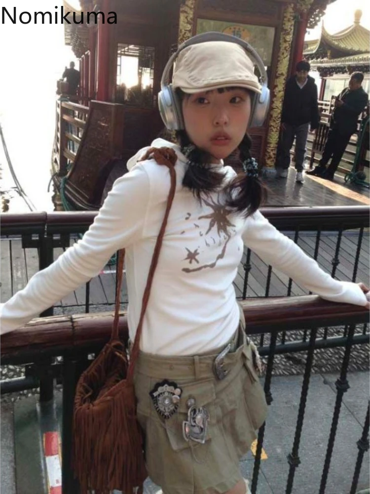 Женская одежда 2024 футболки с капюшоном и принтом женская Y2k шикарные облегающие