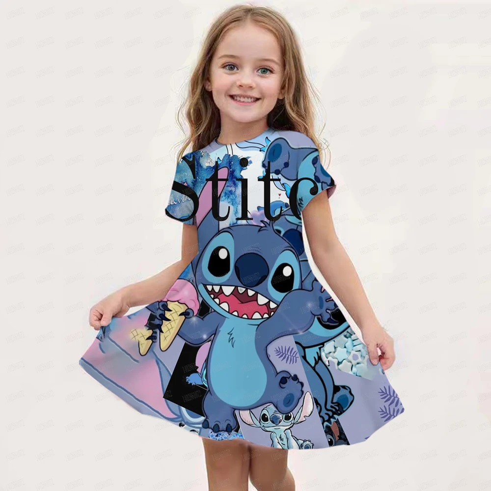 2024 Stitch Dress For Girls Children's Sleep Baby Summer Clothes StrayKids 3d Print Skirt Original Clothing Short-Sleeved
