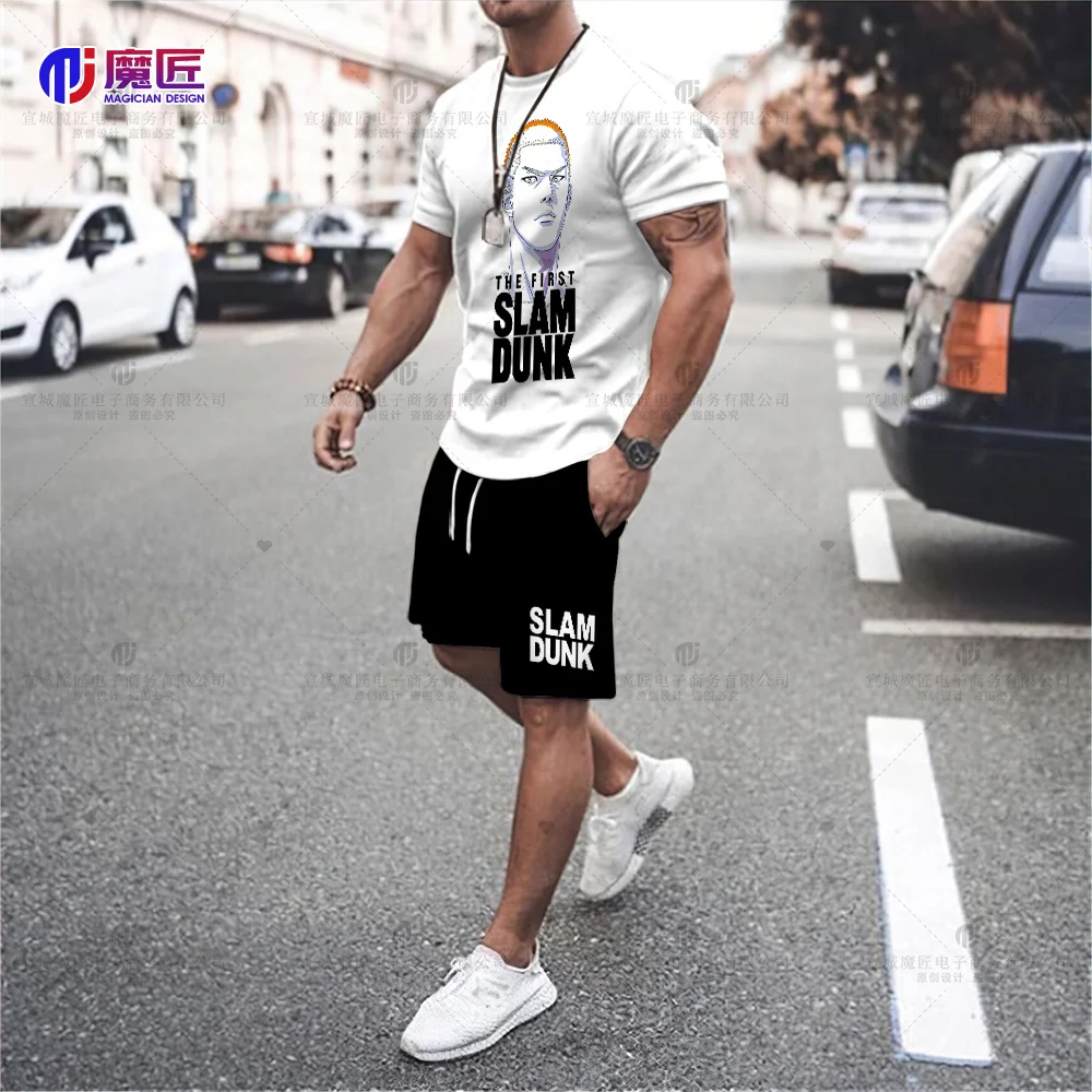 Slam Dunk Printed Sportswear Men's Sports Suit T-Shirt Shorts 2-Piece Set Japanese Anime Character Sportswear Workout