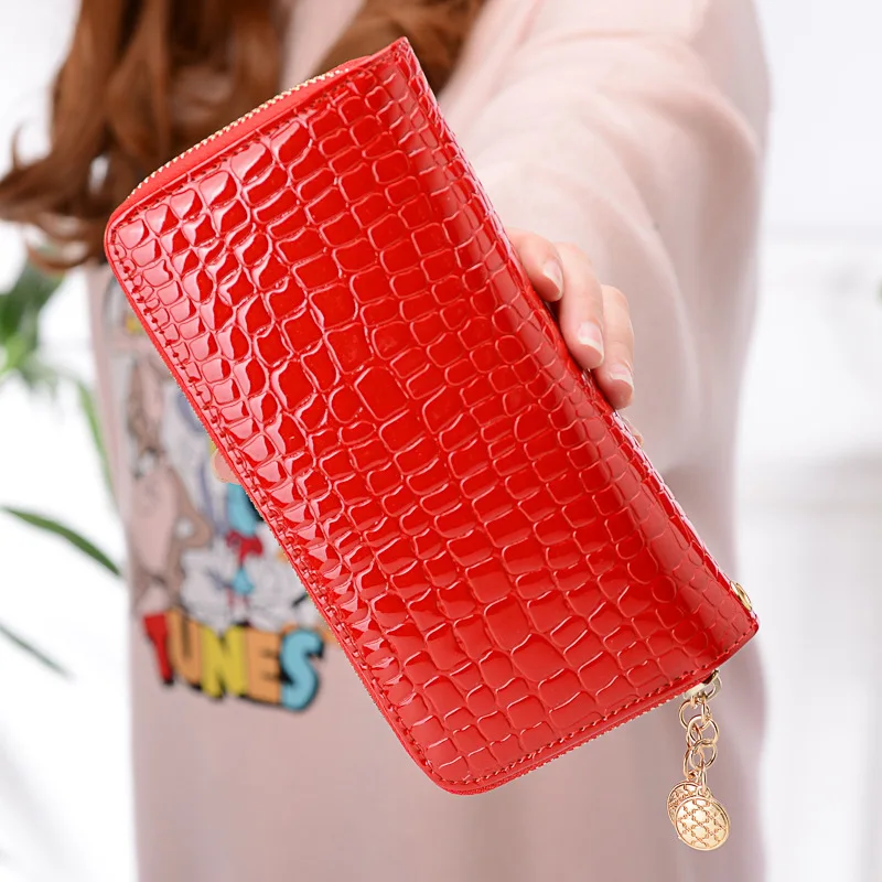 

Female Pu Leather Lacquered Coin Purse Fashion Double Zipper Solid Color Stone Pattern Portable High Capacity Wallet