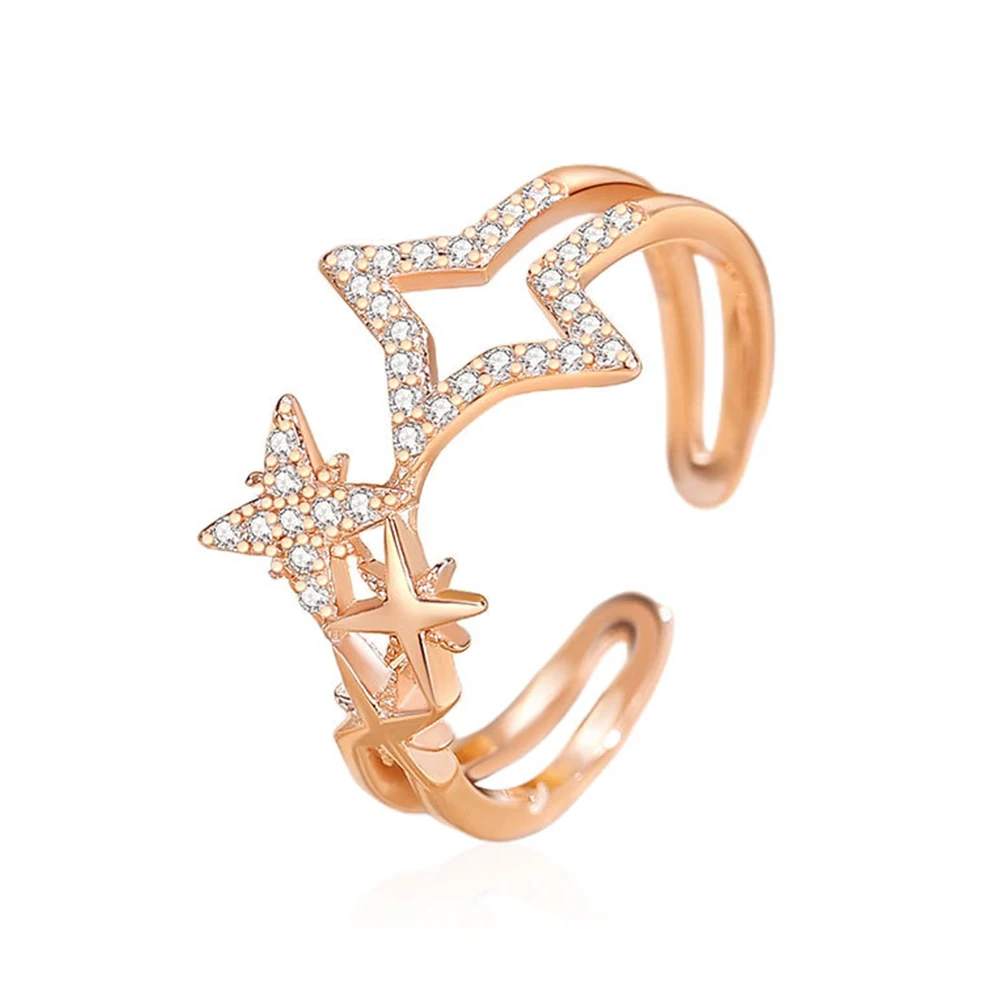 

Poulisa Star Hollow Out Open CZ Ring 925 Sterling Silver Zircon Double Layers Stars Women's S925 Adjustable Rings Hypoallergenic