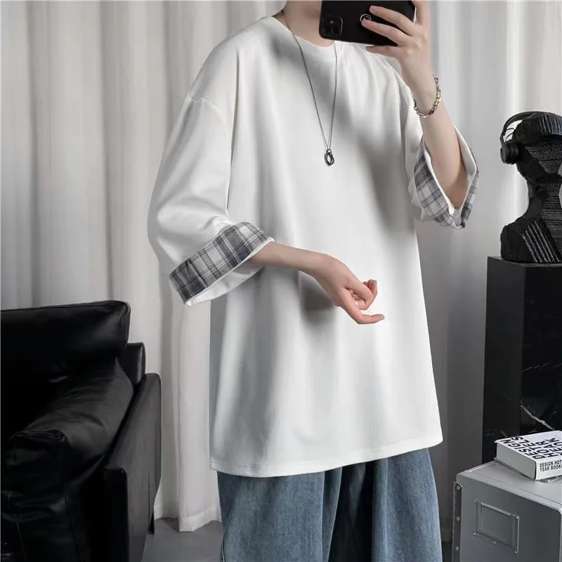 

Spring Summer Men's T-shirts Women Oversized 2XL Korean Style Loose Plaid T-shirt Casual Seven sleeves T-Shirt Male White