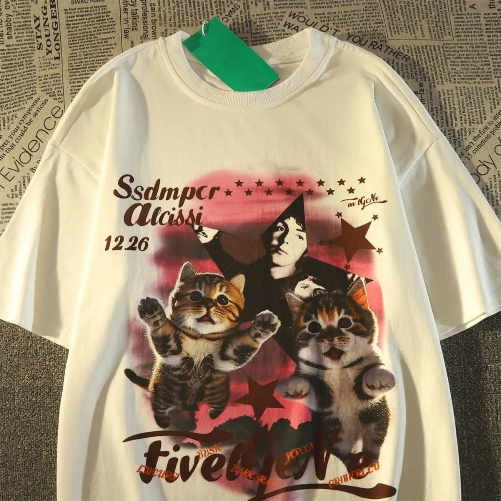 

New Streetwear Y2K Star Pattern Casual T Shirts Vintage Cute Cartoon Cat Kawaii Clothes Men Women Summer Cotton T-shirt Harajuku