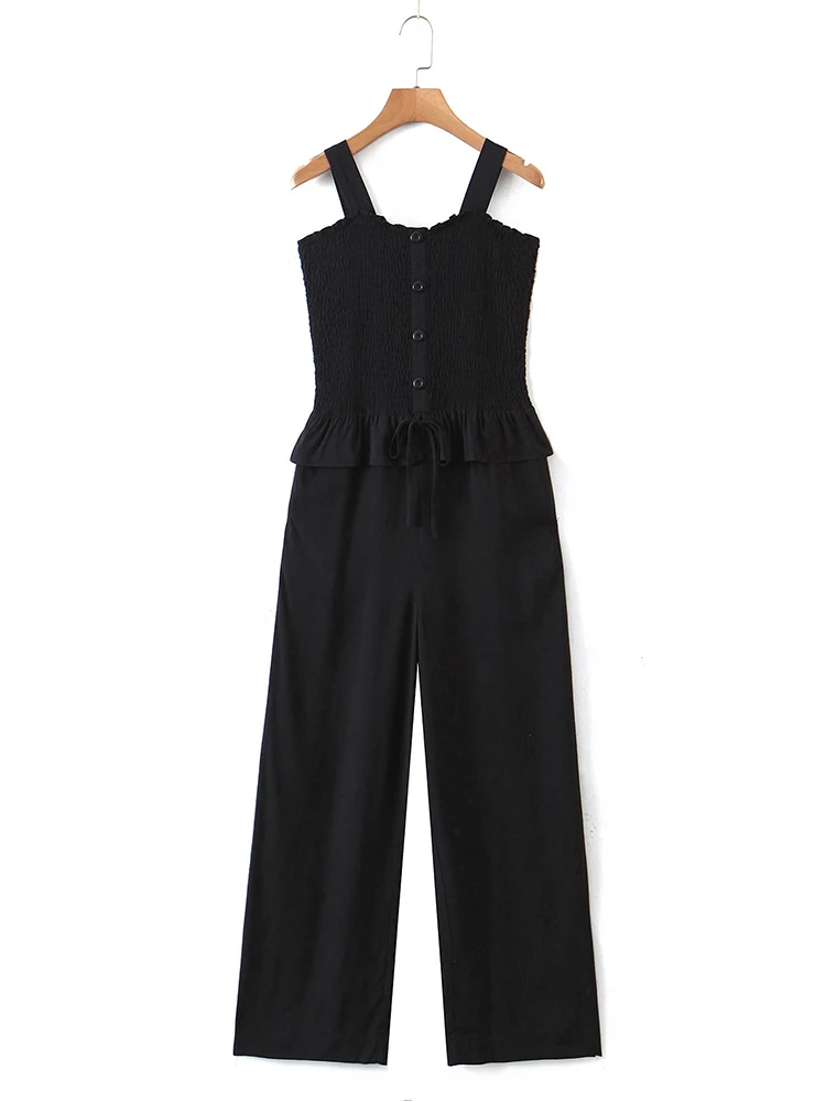 

Women Black Camisole Elastic Jumpsuit 2022 Summer Sleeveless Slim Ruffles Jumpsuits Overalls