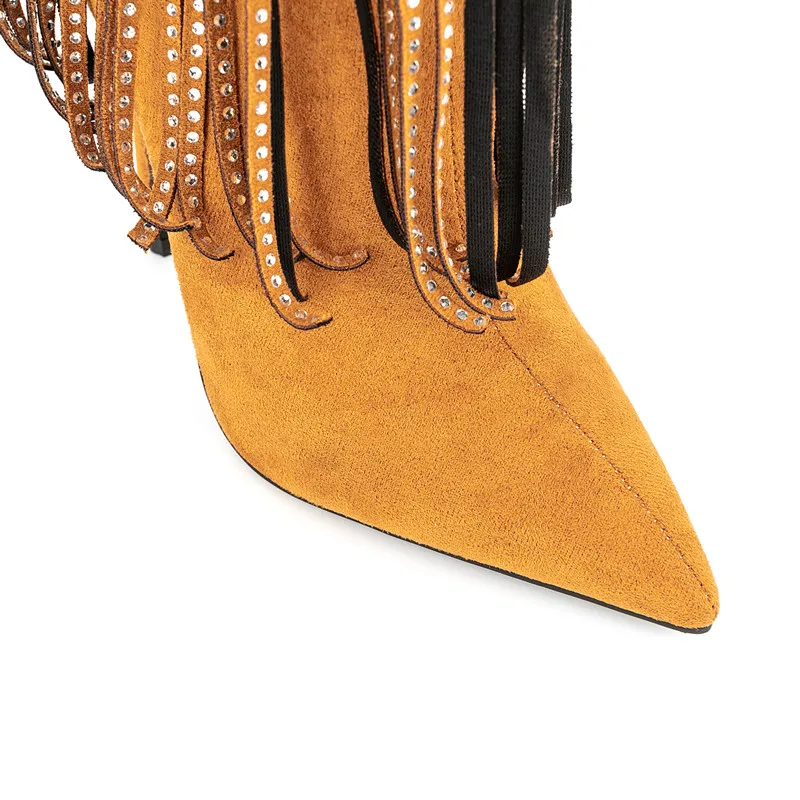 Women's Fashion Tassel Medium Boots Pointed Thin High Heels Sexy Side Zipper Large Women's Short Shoes In Autumn and Winter