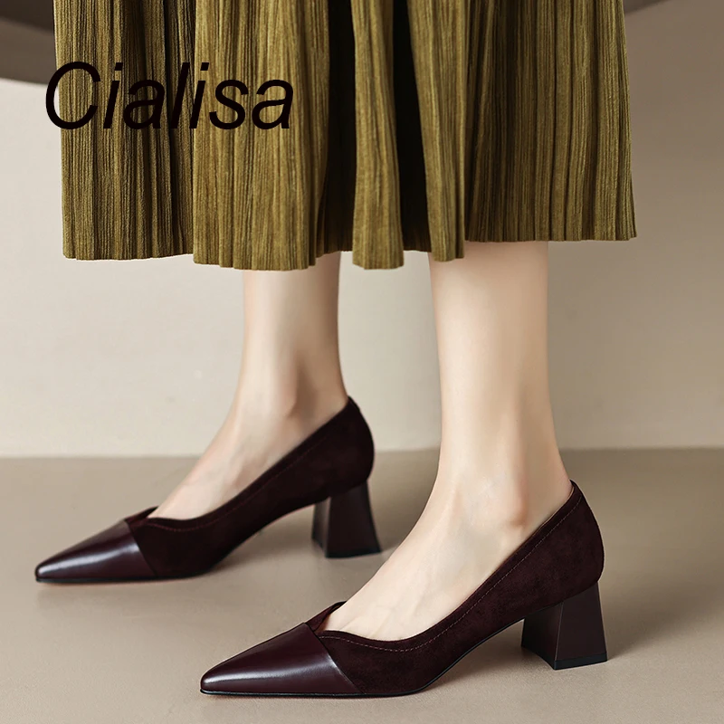 Cialisa 2023 Women's Shoes Spring New Fashion Patchwork Genuine Leather Pointed Toe Pumps Elegant Ladies 5cm Mid Heels Footwear