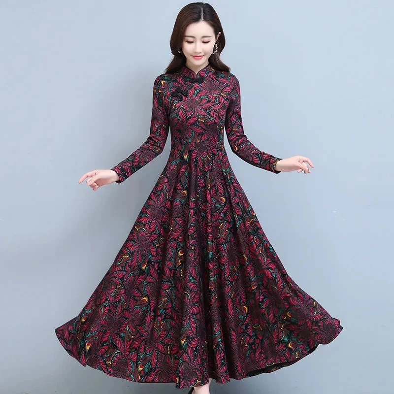 

Improved Cheongsam Dresses Women's Spring Autumn 2023 New Long Sleeve High End Printed Long Elegant Dress Female Vestidos 4XL