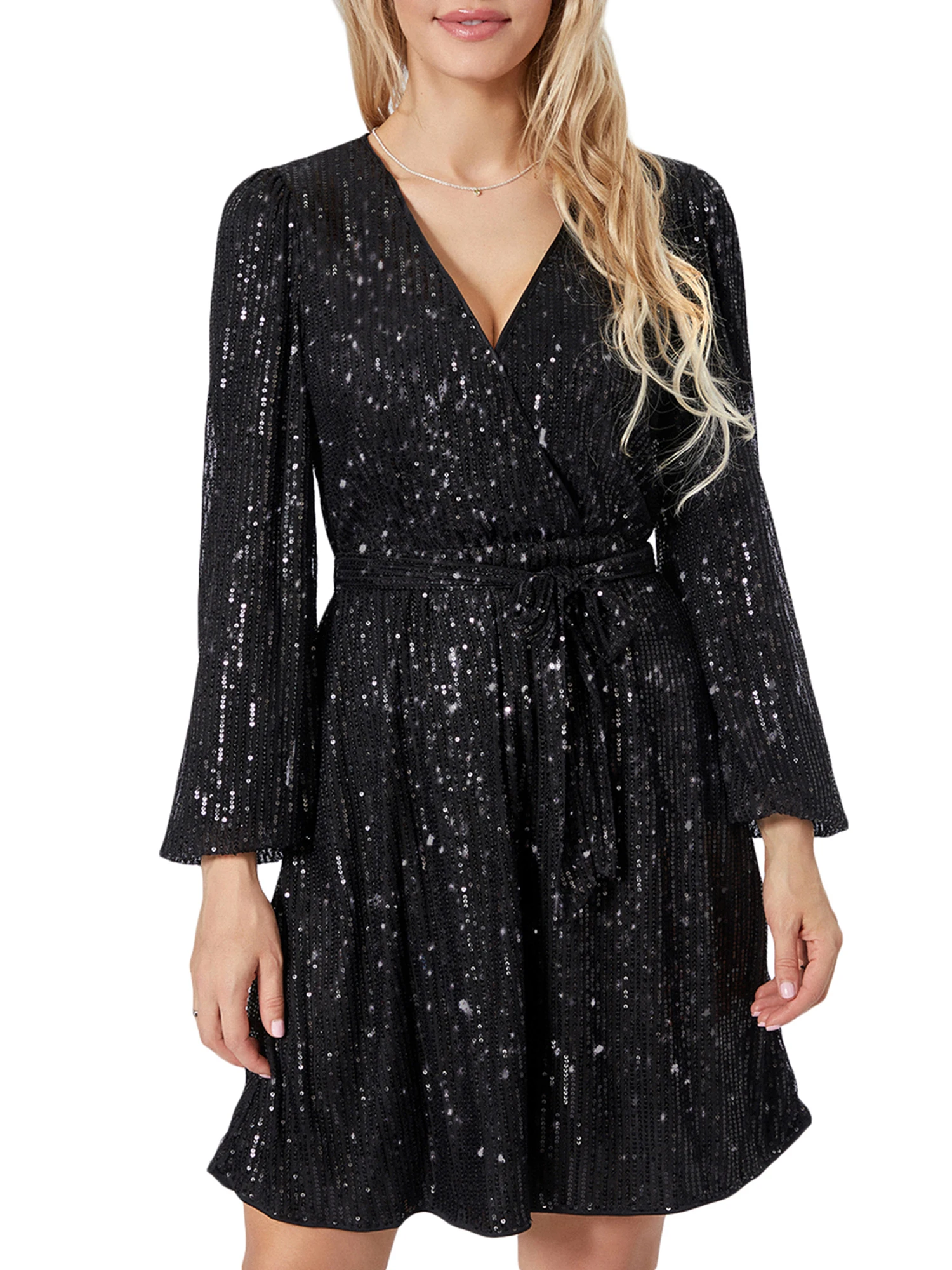 

Women s Sparkling Sequin V-Neck Belted Mini Dress with Long Sleeves - Glamorous A-Line Party Dress