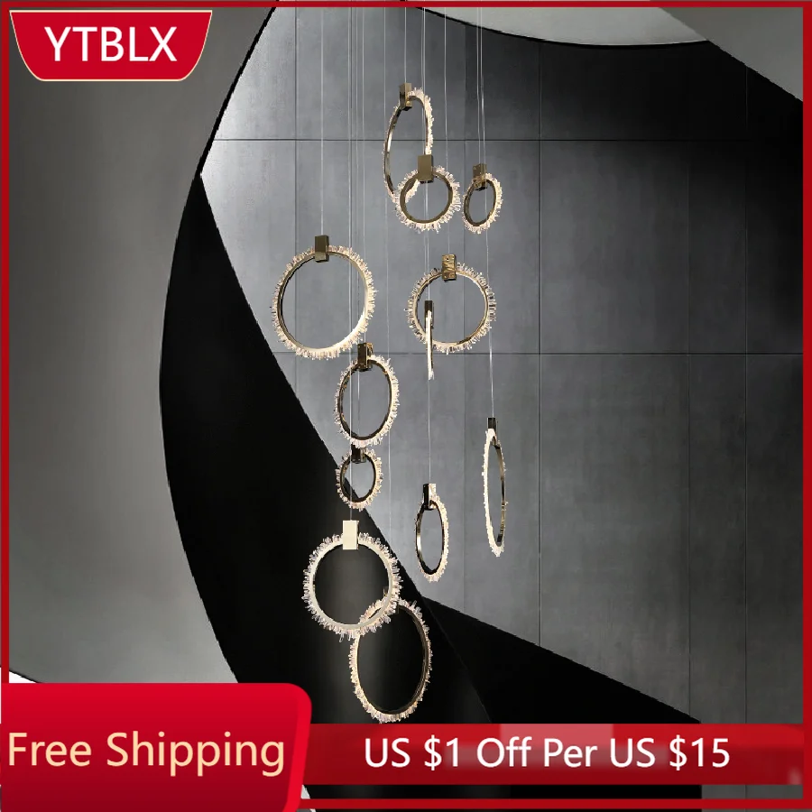 

Modern Crystal LED Rings Chandelier For Staircase Lobby Luxury Cristal Long Hanging Lamps Minimalism Indoor Attic Light Fixtures