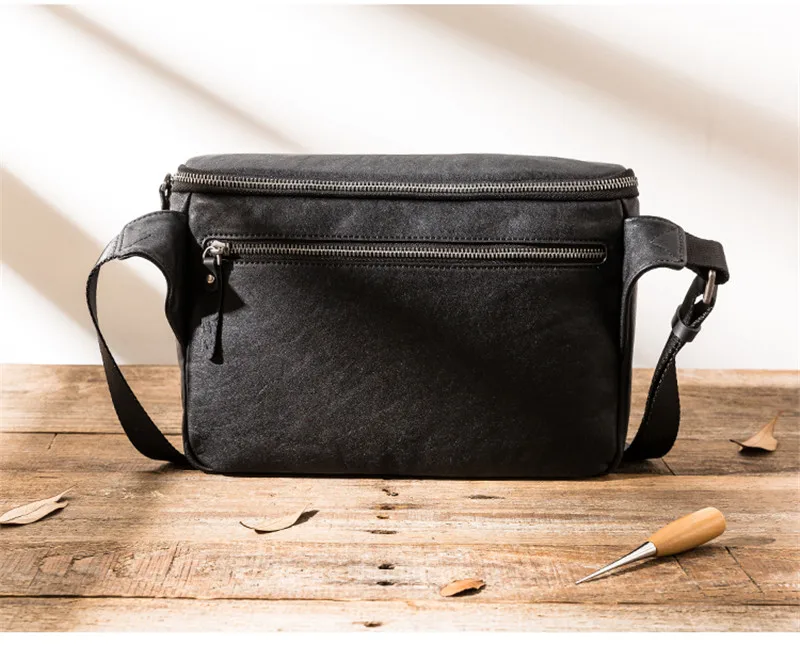 Fashion casual luxury genuine leather men's black messenger bag outdoor work commuting natural real cowhide tablets shoulder bag