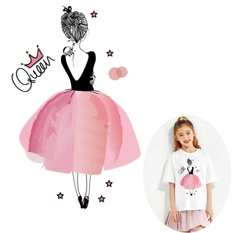 

Iron On Transfers Stripes For Clothing Children Thermo Patches DIY Print On Tshirt Pink Dancing Girl Patch Applique On Clothes