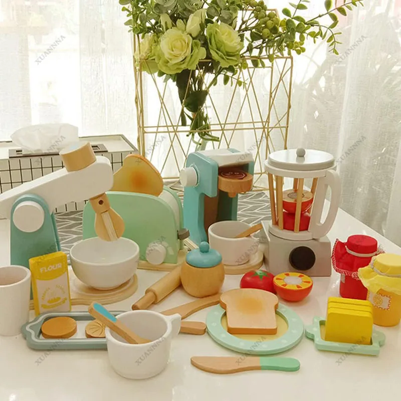 Wooden Toy Kitchen Toaster Set Simulation Toaster Toaster Coffee Machine Blender Baking Kit Game Blender Kitchen Character Toys