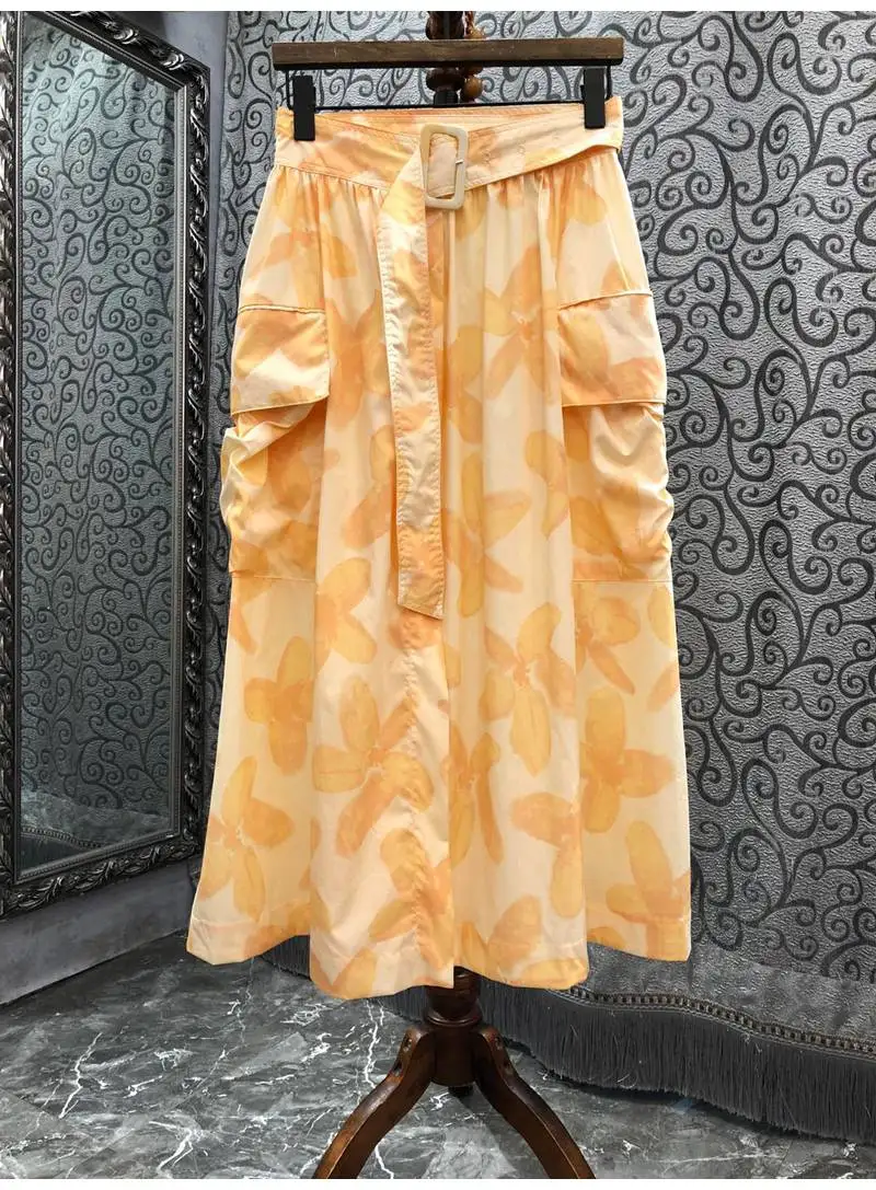 Newest Fashion Summer Skirts 2022 High Quality Women Yellow Floral Prints Pocket Patchwork Mid-Calf Length Casual Skirts Clothes