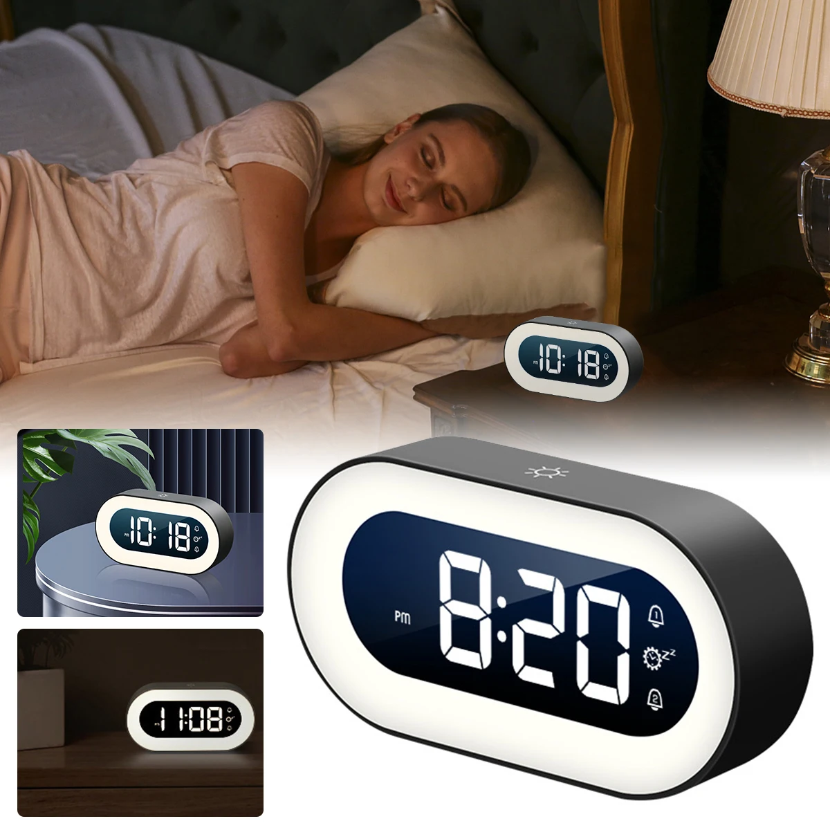 

Digital Alarm Clock Music Adjustable LED Electronic Clock 1500mAh USB Charging Smart Desk Clock 12/24H Display 5 Gears Voice