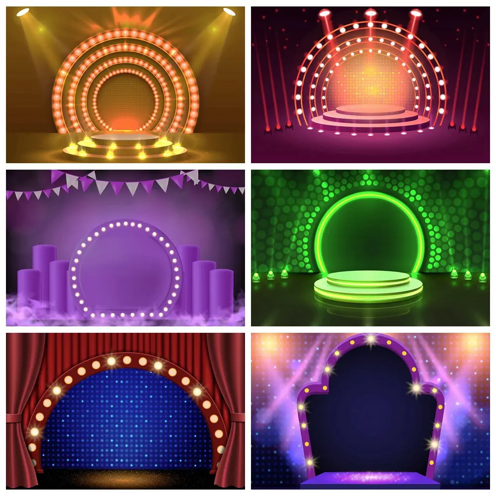 Enlarge Neon Circus Stage Birthday Decoration Photography Backdrops Custom Children Curtain Glitters Spotlights Studio Photo Backgrounds