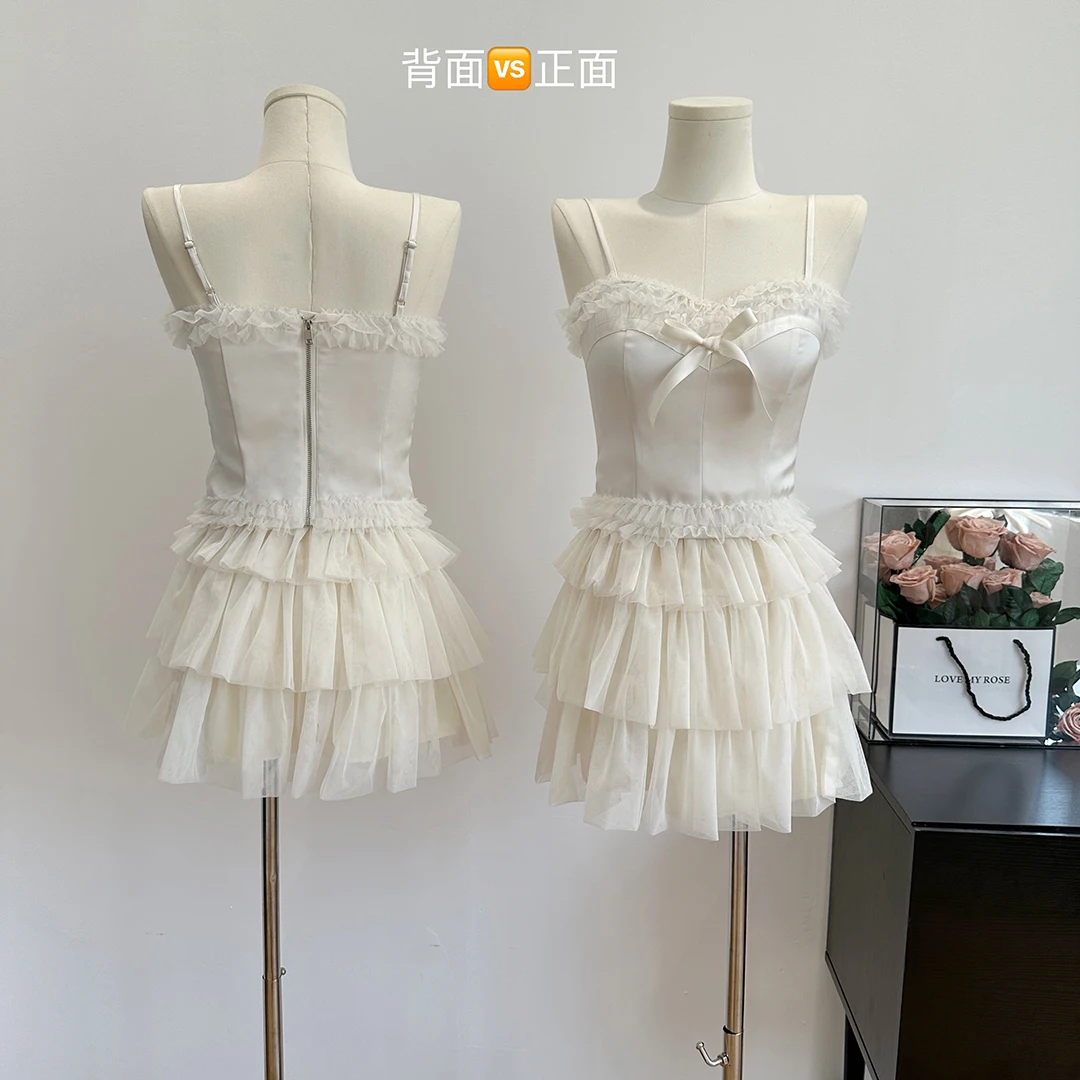 

2023 Girls' Style Summer Solid Bow Sweetheart Strap Crop Tank Top Half Skirt Set Dress Women