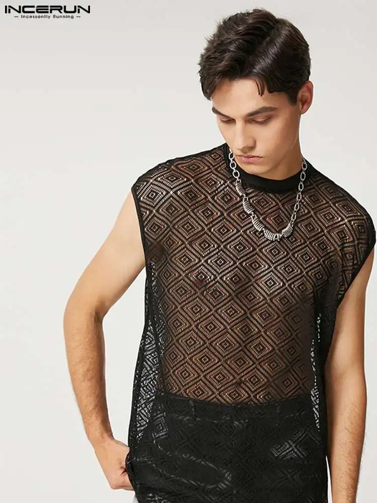 

INCERUN 2022 Men Tank Tops Mesh Transparent O-neck Sleeveless Fashion Sexy Vests Summer Hollow Out Streetwear Party Men Clothing