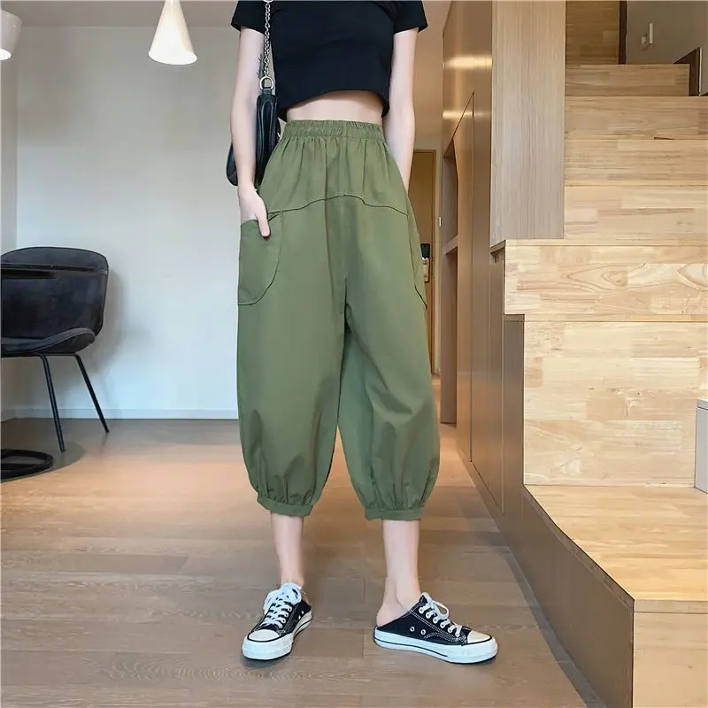 

Summer New Cotton Lanterns Trousers Loose Large Wide Leg Pocket Capris High Waist Radish Pants Casual Fashion Women Clothing