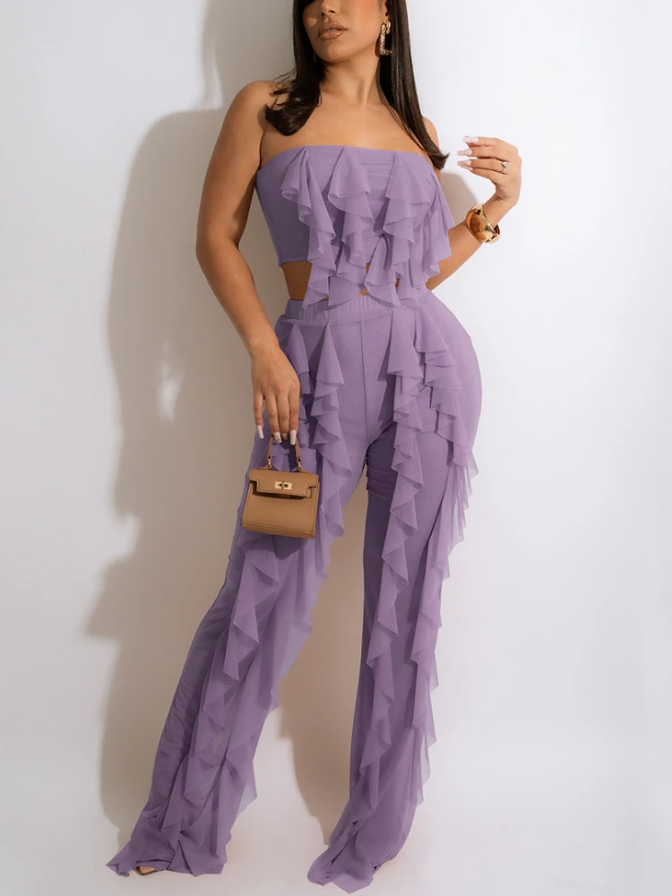 

Летний женский комплект из 2 предметов с оборками, Привлекательные Короткие топы-трубы и прозрачные облегающие длинные брюки, костюмы, искусственная кожа, одежда для ночного клуба, мероприятия