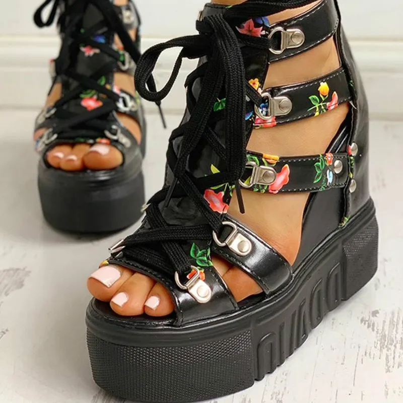 

Summer Designer The New Sponge Cake Thick Sole Women's Sandals Leisure Floral Lace Back Zipper Fish Mouth Rome Women's Shoes