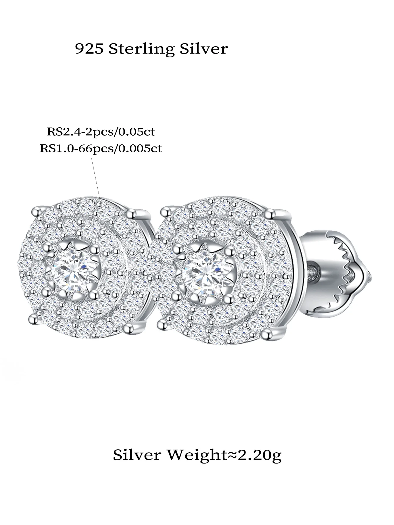 Женские круглые серьги-гвоздики с муассанитом 925 карат