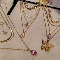 flatfoosie trendy golden butterfly heart crystal pendant necklace for women multi layer metal link chain necklace boho jewelry