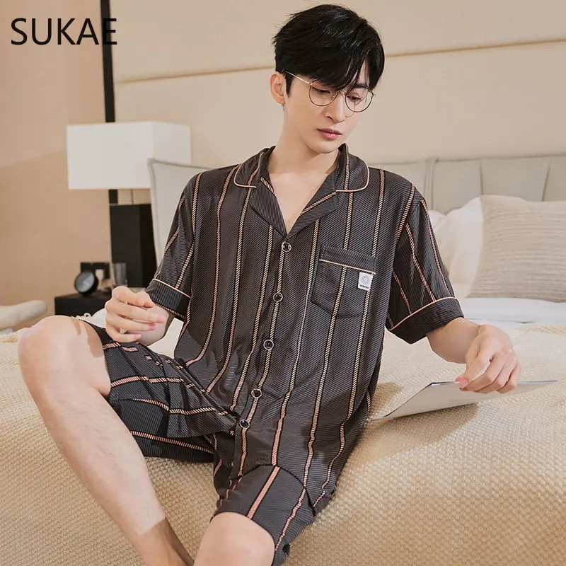 SUKAE Summer Modal Cardigan Sleepwear for Man Fashion Man's Casual Turn-down Collar Shorts Chic Design Boys Pijamas Homewear Set
