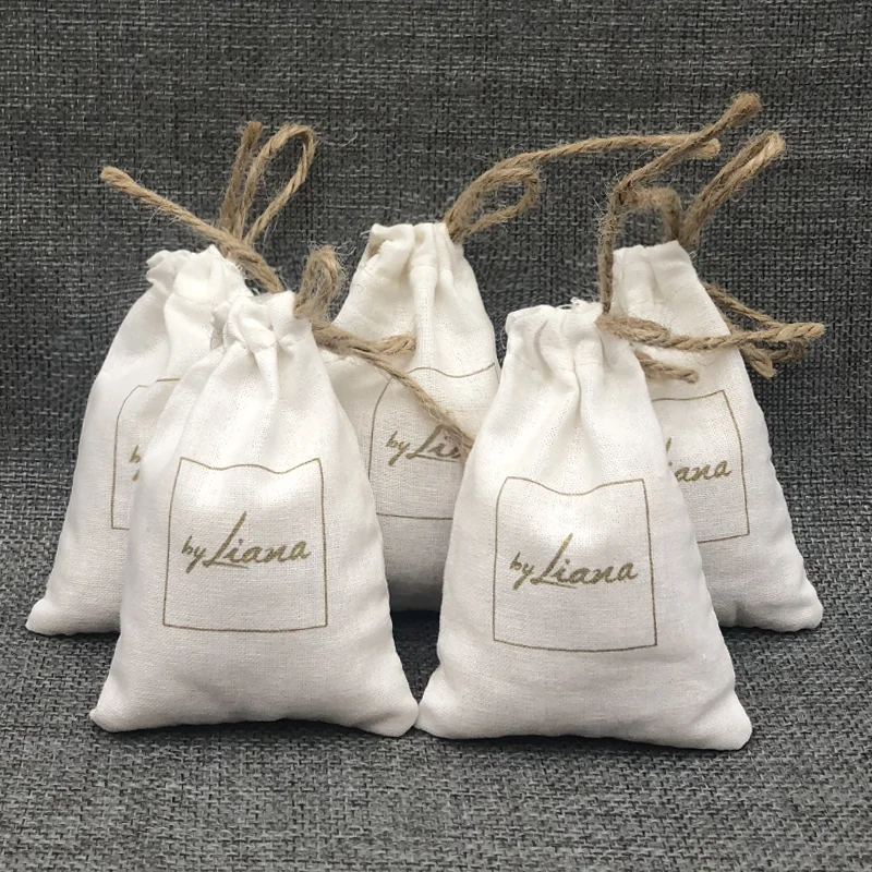 

50PCS Linen Gift Bags Packing Jewelry Cosmetic Cotton Linen Drawstring Pouches Wedding Party Candy Sachet Print Logo Custom Sack