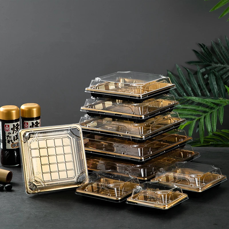 

Одноразовая упаковочная коробка, Золотая тарелка, пластиковая крышка, коробка для суши, фруктов, выноса, Высококачественная посуда, прямоугольная еда