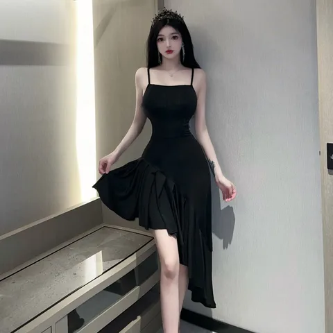 Черное длинное платье на бретельках, сексуальное платье на бретельках, модное милое женское платье «рыбий хвост», новинка 2023, женские топы, модель JY5D в Корейском стиле