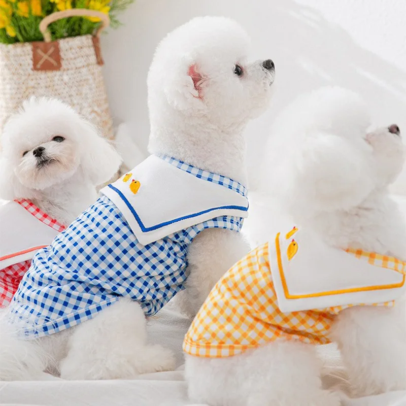 

2023 Spring Summer Thin Styles Puppy Dog Navy Collar Embroidered Plaid Undershirt Kitten Clothes Small Bichon Cat Pet Dress