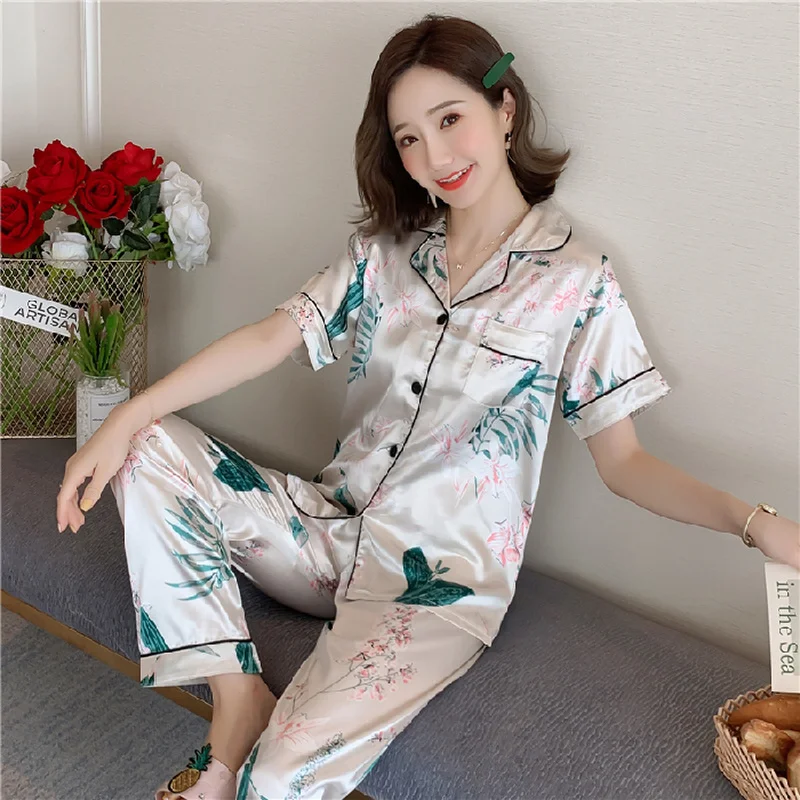 New Short Sleeve Silk Pajamas Soft Women Summer Autumn Home Set Girl Sleepwear Set Pyjamas 3XL 4XL 5XL  Nightwear Set