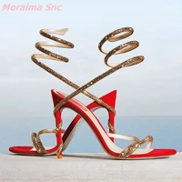 2022 new french ladies diamond sandals thin belt snake shaped twining foot fashion high heeled stiletto open toe party shoe