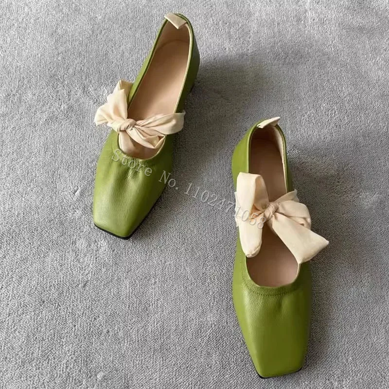 

Retro Square Toe Mary Janes Pumps Green Soft Breathable Square Heels Women Sandals Butterfly Knot Lace-Up Shallow Slip-On Shoes