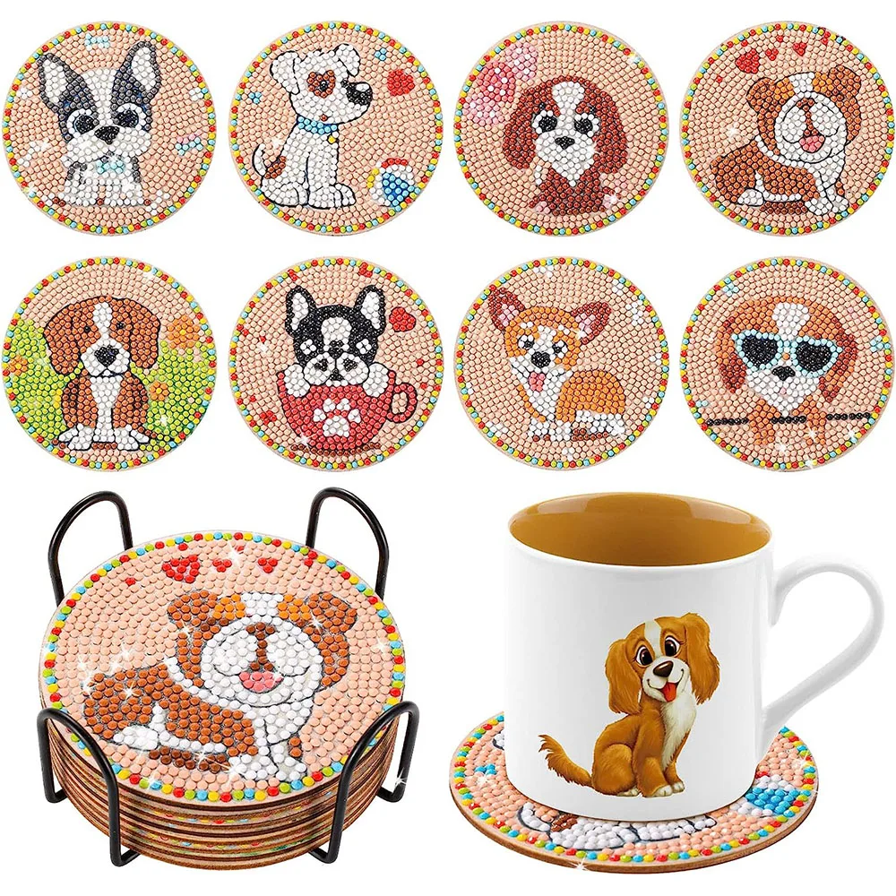 

8PCS 10cm/3.9in DIY Cute Dog Diamond Painting Coasters Kits Diamond Art Coaster for Kitchen Dining Table and Desk Decoration