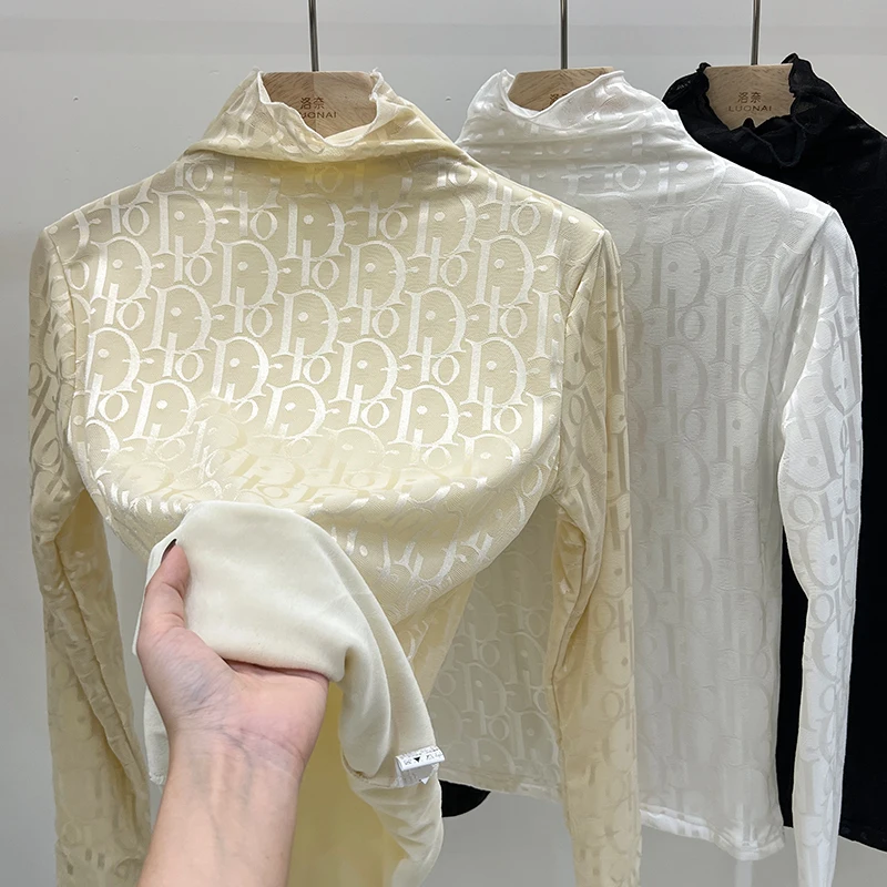 

Толстая плюшевая майка с высоким воротником, Женское зимнее нижнее белье с длинными рукавами, Сетчатая футболка с надписью