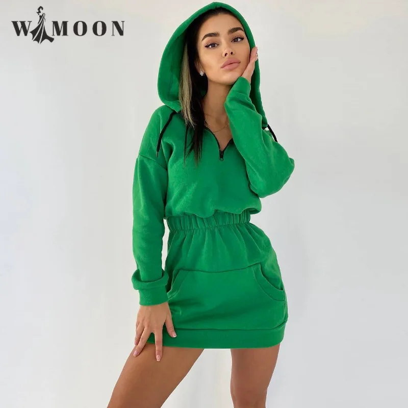 

Hooded Long Sleeve Mini Dress Women 2021 Autumn Winter Casual Stylish Streetwear Club Black Green Solid Sweater Short Dresses