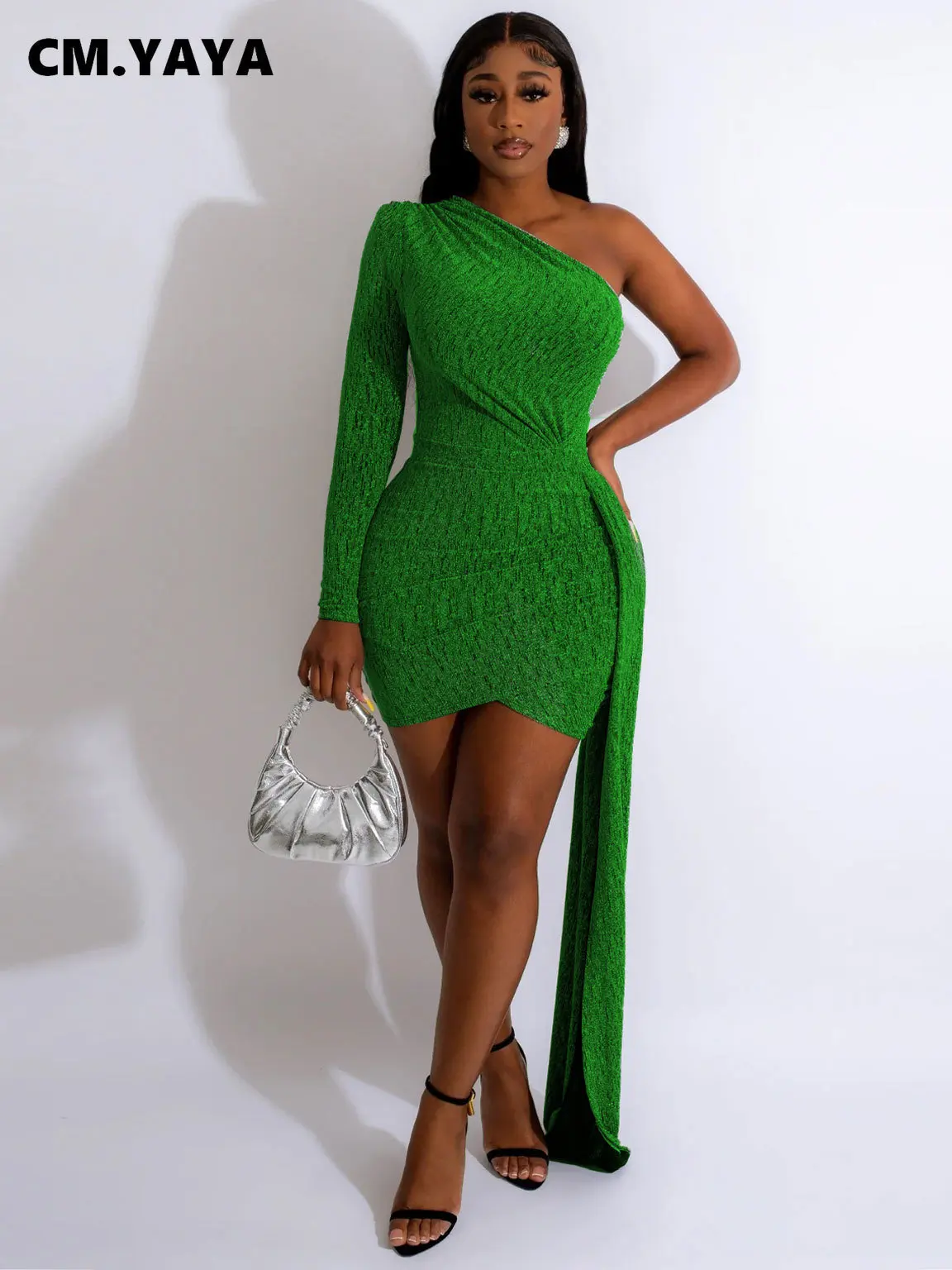 

CM.YAYA Women One Long Sleeve Ruched Side Asymmetrical Floor Length Tassel Side Bodycon Midi Dress Sexy Party Prom Knit Dresses
