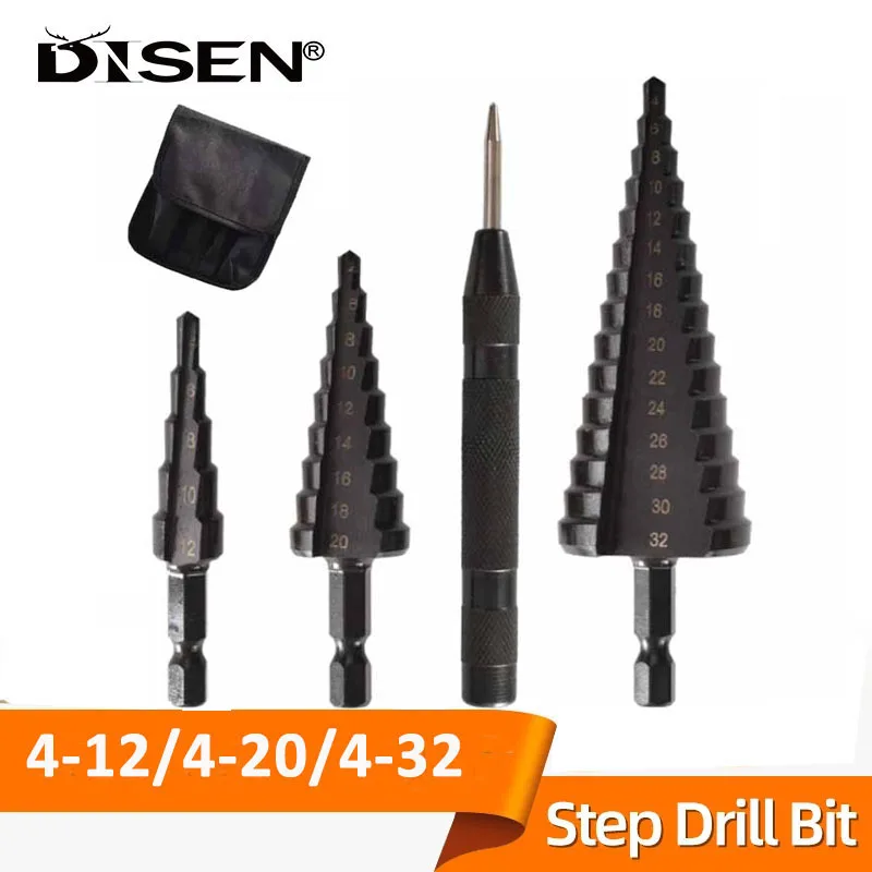 

4-12mm 4-20mm 4-32mm Black HSS Cobalt Step Drill Bit Set With Center Punch for Metal Cone Hex Shank Hole Metal Drilling
