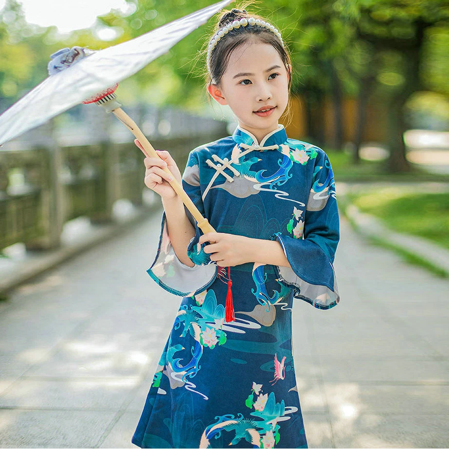 2024 г. Голубое платье Ципао для девочек воротник-стойка три четверти