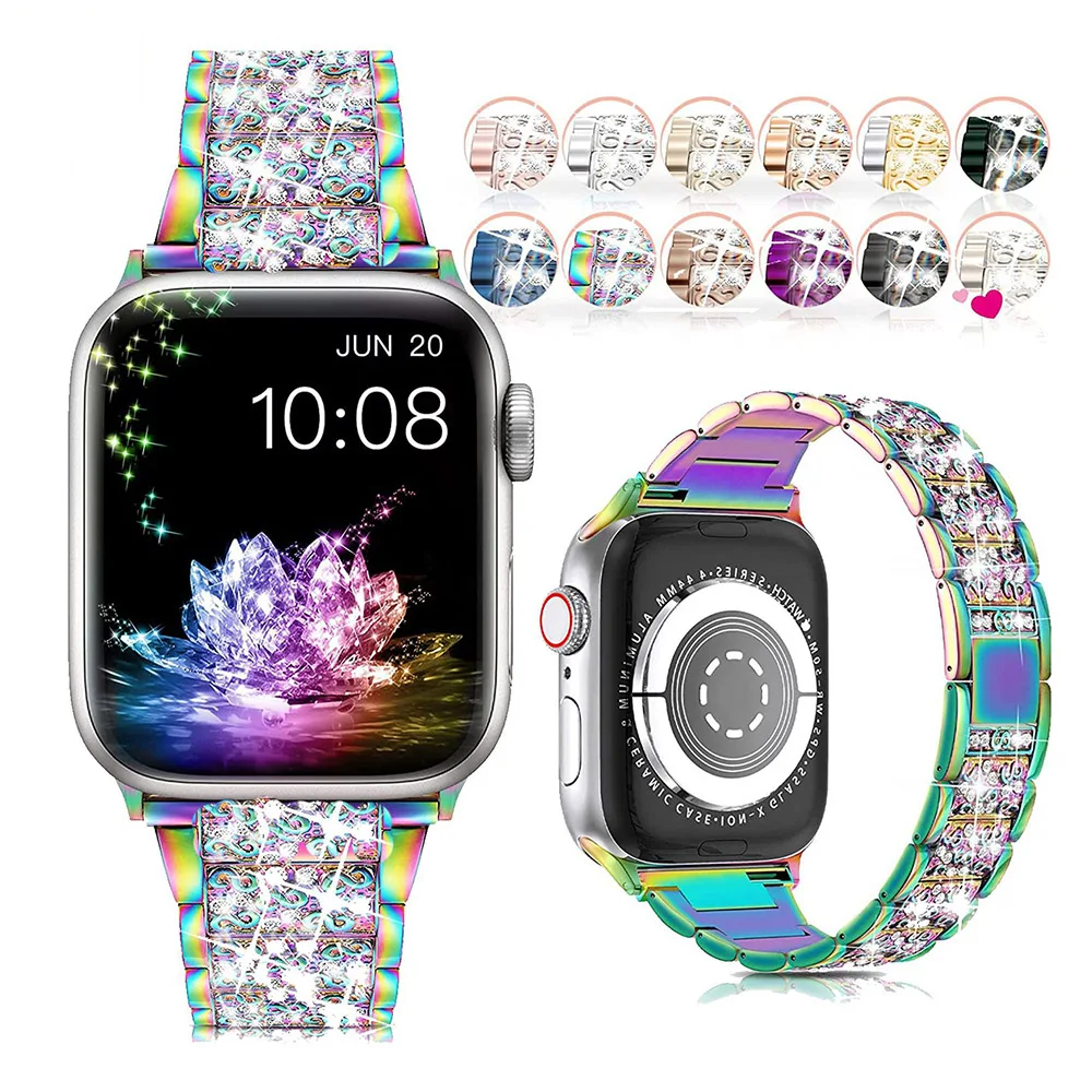 

Apple Watch iWatch 7 SE 6 5 4 3 38 40 41MM 42 44 45MM Женские ювелирные изделия Цветные бриллианты Ремень металлический браслет