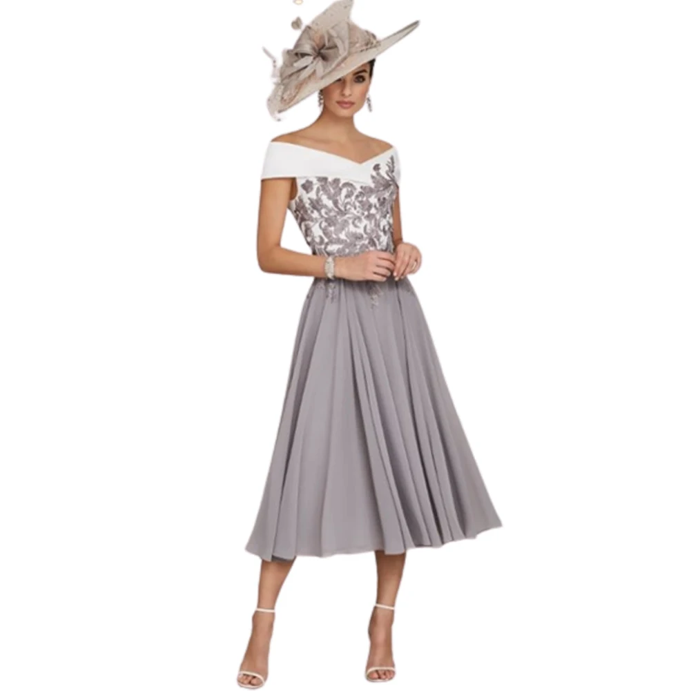 

Chic Off-Shoulder Midi Dress with Silver Floral Detail Flowy Grey Skirt Perfect for Mother of the Bride Occasions Wedding Party