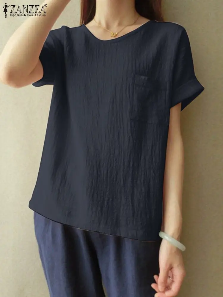 

ZANZEA Summer O Neck Short Sleeve Blouse Women Vintage Solid Cotton Tops Casual Loose Basic Shirt Oversize Blusas Chemise 2022