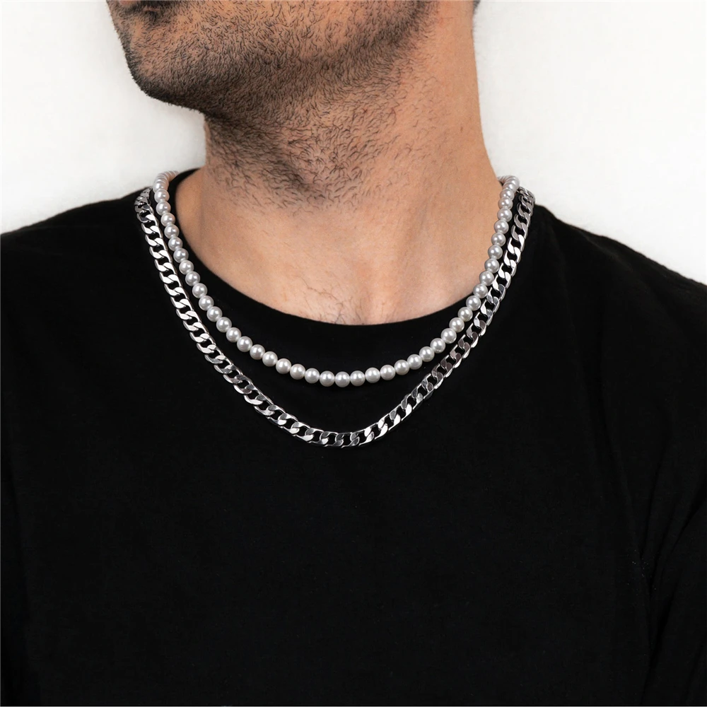 

Double Layer Pearl Necklace Man Stainless Steel Fashion Punk Freshwater Shell Pearl Choker Necklace Set For Male Jewelry Hip-Hop