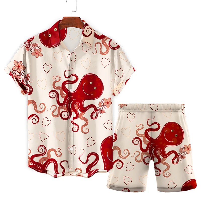 

2022 fashion new summer trend casual printing men's shirt short-sleeved suit summer party loose beach casual small octopus cute