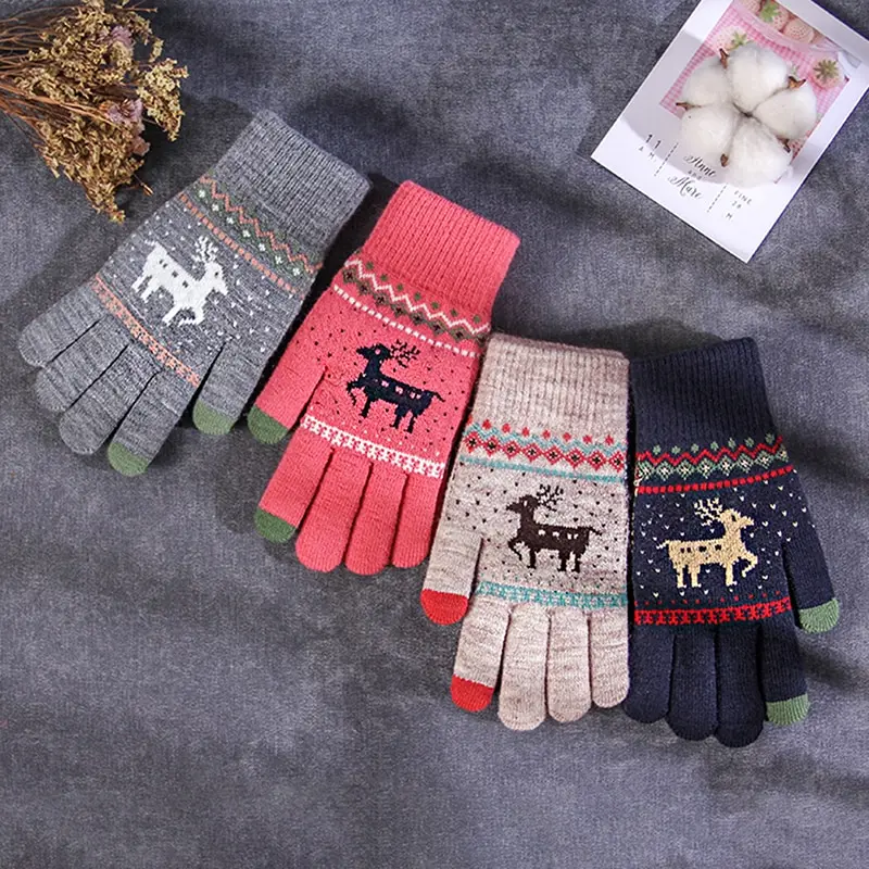 

Vintage Christmas Deer Knitted Gloves Women Thicken Touch Screen Gloves Winter Warm Snow Elk Full Finger Mittens Xmas Gift