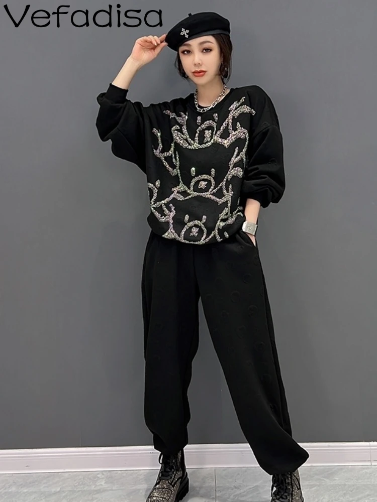 

Vefadisa 2023 New Women Autumn Little Bear Printing Round Neck Sweatshirt And Elastic Waist Casual Pants Black Women's LHX3839