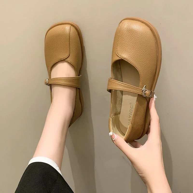 

2022 Spring Autumn Ladies Flat Shoes Mary Jane Shoes Low Heel Dress Shoes Black Square Toe Buckle Solid Color Retro Flat Shoes