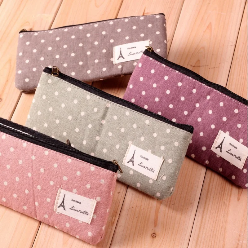 

Korean-Style Stationery Polka Dot Cotton and Linen Time Cute Creative Pencil Case Pencil bag Cosmetic bag 4Color Mixed Hair