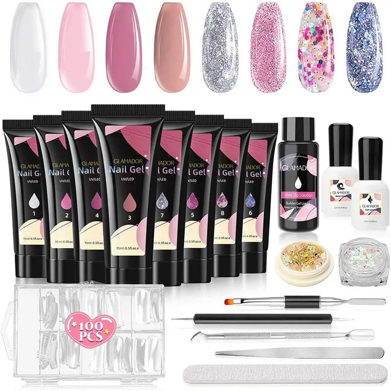 

Poly Nail Gel Kit 8 Colors Gel Extension Nail Kit All-in-One 4 Regular Color 4 Glitter Color Natural And Long-lasting Nail Kit